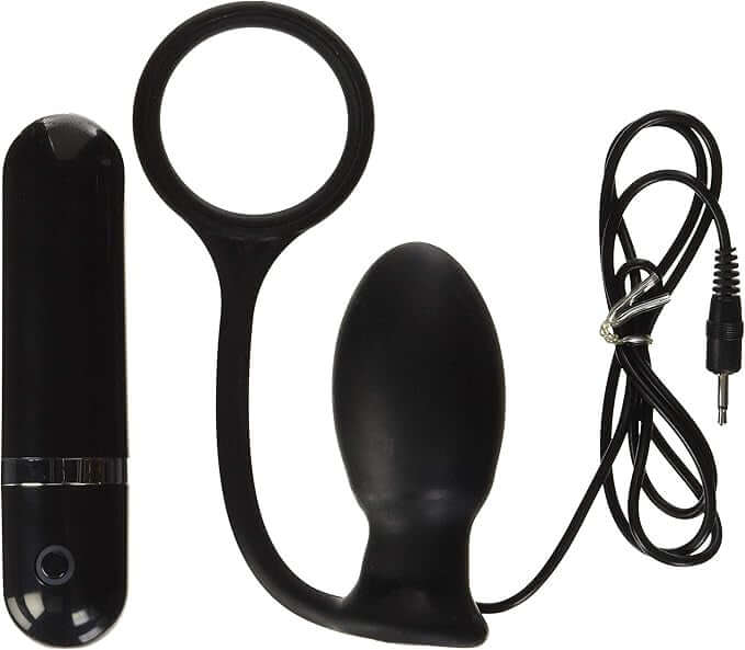 Mack Tuff Vibrating Butt Thriller Anal Plug Black set with remote control and cord for enhanced stimulation.