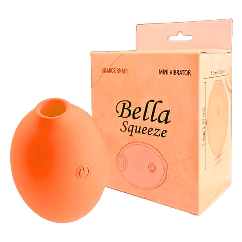Bella Squeeze Orange Shaped Mini Vibrator displayed with packaging, showcasing its fruit-inspired design and compact size.