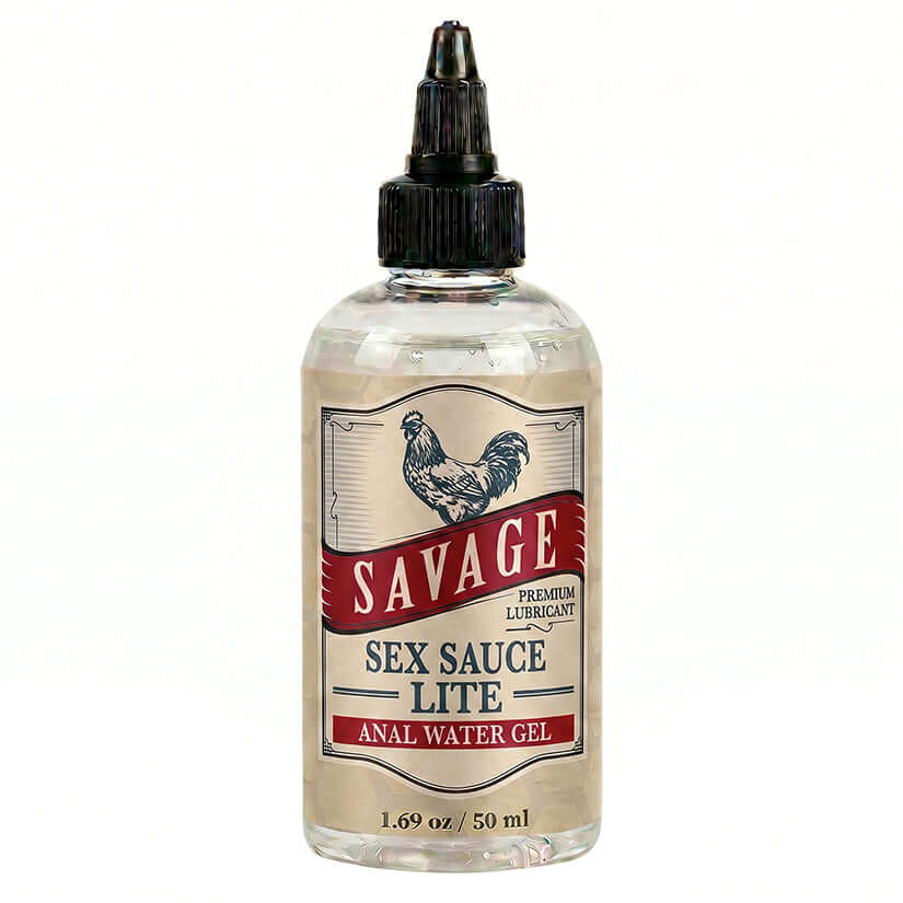 Savage Sex Sauce Lite Water-Based Lubricant 1.69 Oz bottle with a convenient squeeze top.