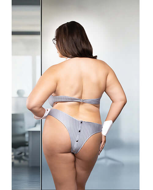 Internal Affairs Plunge Cut-Out Teddy Set Grey 1X/2X showcased from the back, highlighting its pinstriped design and cut-out details.
