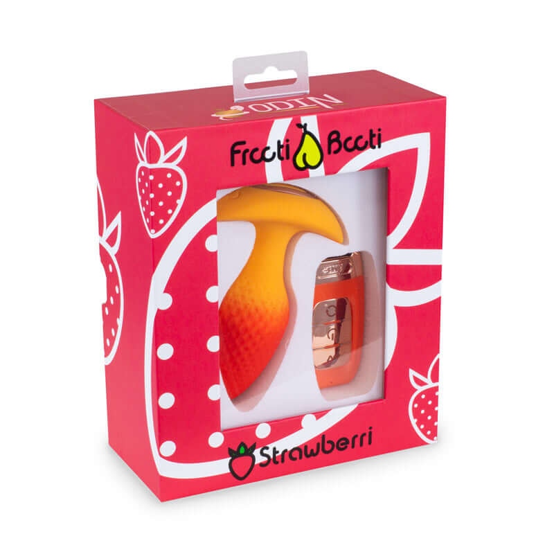 Frooti Booti Rotating Strawberry Anal Plug packaging featuring a bright strawberry design.
