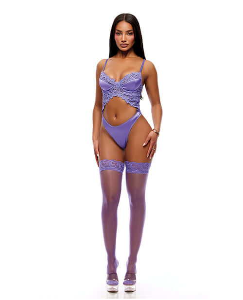 Forplay See It Through Guipure Teddy Set & Stockings Purple SM featuring lace teddy and thigh-high stockings.