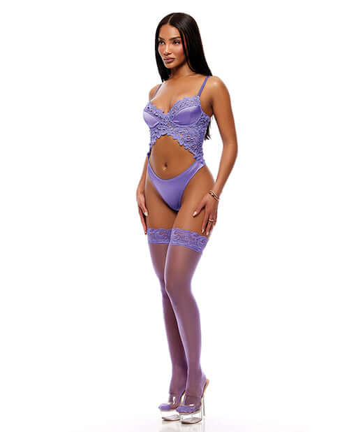 Forplay See It Through Guipure Teddy Set & Stockings Purple SM displayed on a model, showcasing elegant lace and stockings.