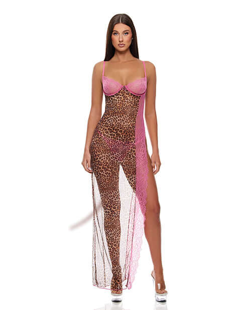Forplay Animal Instincts Nightgown & Panty Pink Leopard LG worn by a model showcasing a flowing sheer leopard-print design.