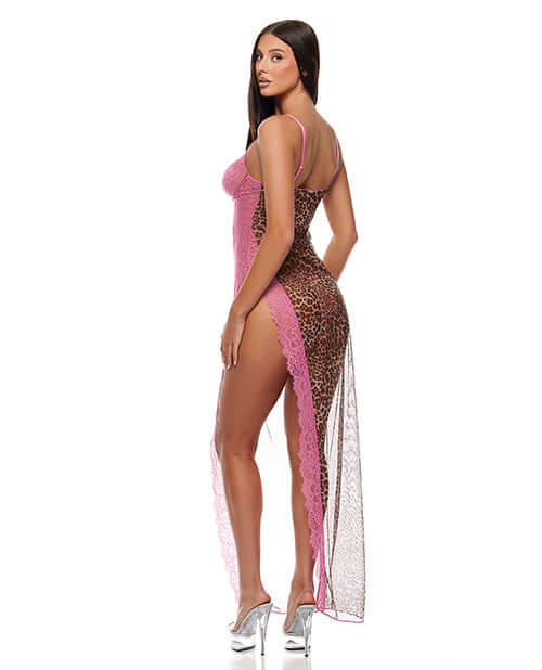 Animal Instincts Mesh Nightgown & Panty Pink Leopard MD showcasing a bold pink leopard print with lace details in a dramatic silhouette.