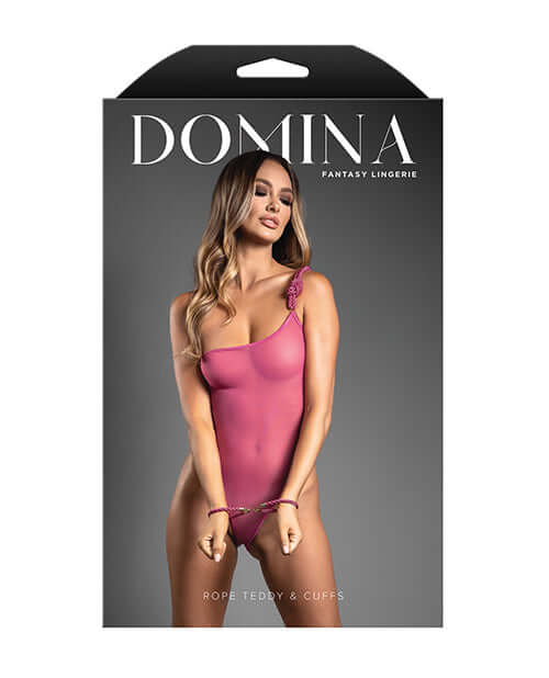 Domina One-Shoulder Sheer Mesh Teddy Rope Cuffs Pink S M packaging with model, showcasing daring lingerie design.