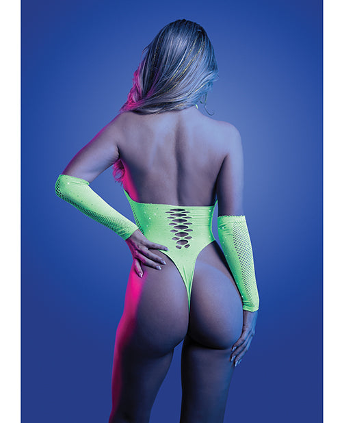 Glow UV Reactive Rhinestone Studded Teddy Set Neon Green OS worn by a model from the back, showcasing its glow and unique design.