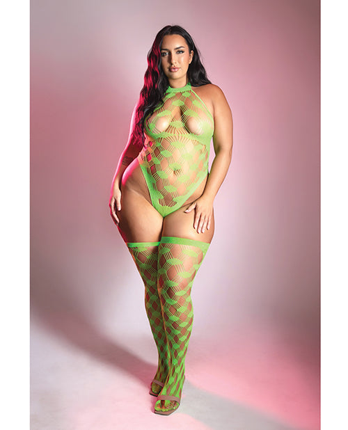 Glow Halter Teddy & Stockings Fishnet Neon Green Queen - Image 2