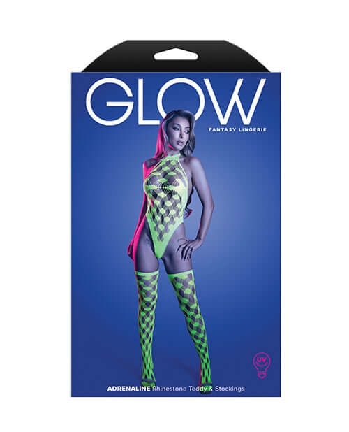 Glow Adrenaline Halter Teddy & Stockings Neon Green packaging featuring model in rhinestone diamond fishnet design.