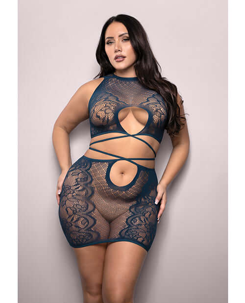 Vixen Floral Lace Knit Tie Back Top Set Navy Queen Size featuring floral lace design and tie back detail.