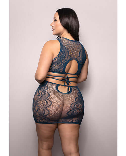 Vixen Floral Lace Knit Tie Back Top Set Navy Queen Size showcased on a model, highlighting the back design and fit.