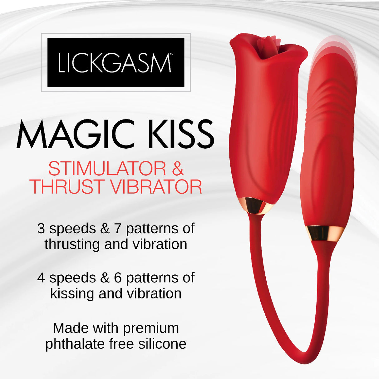 Magic Kiss Clitoral Stimulator Thrusting Vibrator Red featuring 3 speeds and 7 patterns of thrusting and vibration.