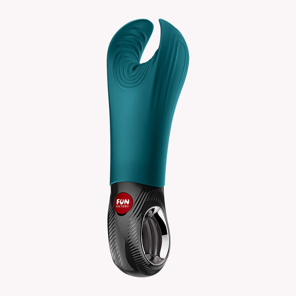 Fun Factory Manta Vibrating Masturbator Bottle Green with flexible wings for versatile comfort and intense pleasure.