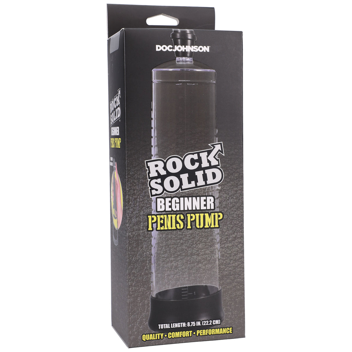 Rock Solid Beginner Penis Pump Black/Clear packaging showcasing vacuum system features and measurements.