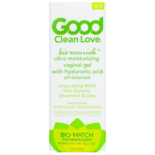Good Clean Love Bionourish Moisturizer With Hyaluronic Acid 2 Oz packaging, water-based vaginal moisturizer for hydration.