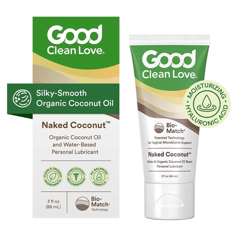 Good Clean Love Naked Coconut Lubricant 3 Oz packaging featuring organic coconut oil and Bio-Match® Technology.