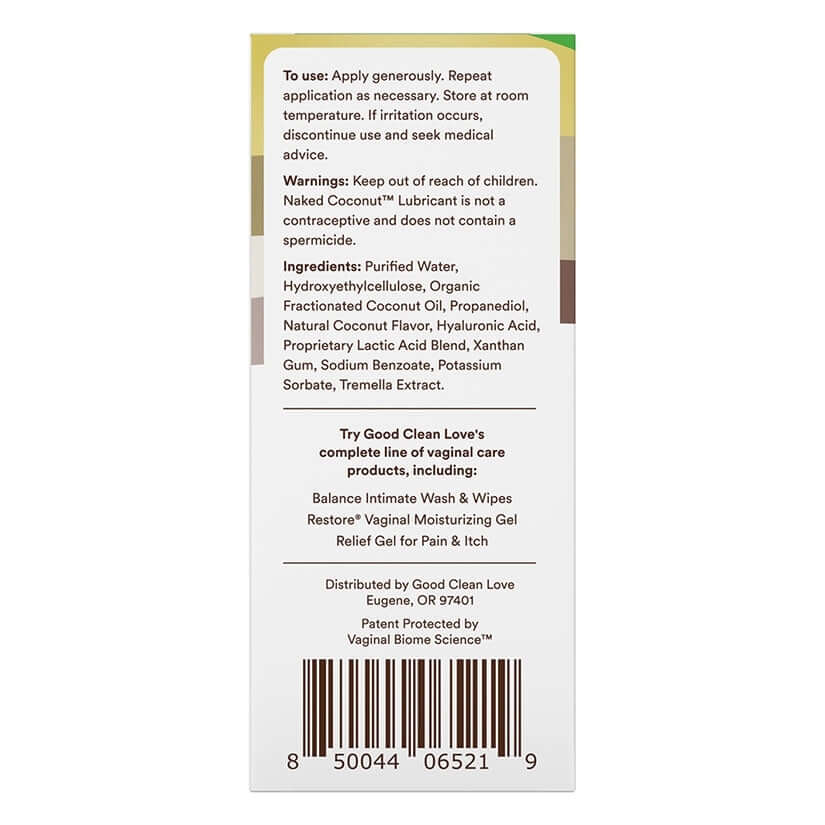 Good Clean Love Naked Coconut Lubricant 3 Oz product label displaying ingredients and usage instructions.