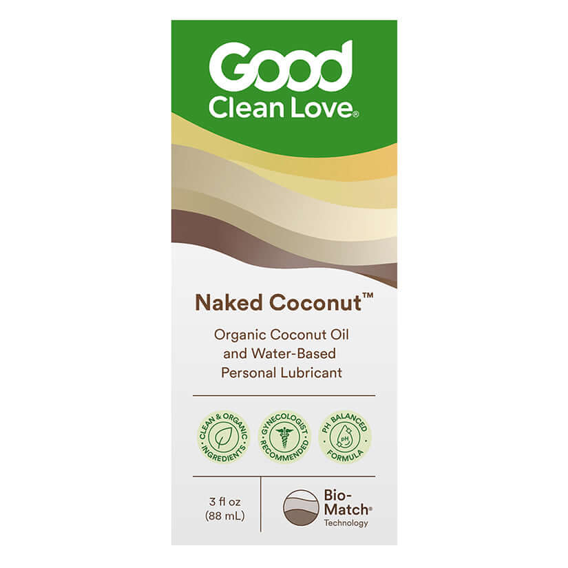 Good Clean Love Naked Coconut Lubricant 3 Oz packaging featuring organic coconut oil and water-based personal lubricant.