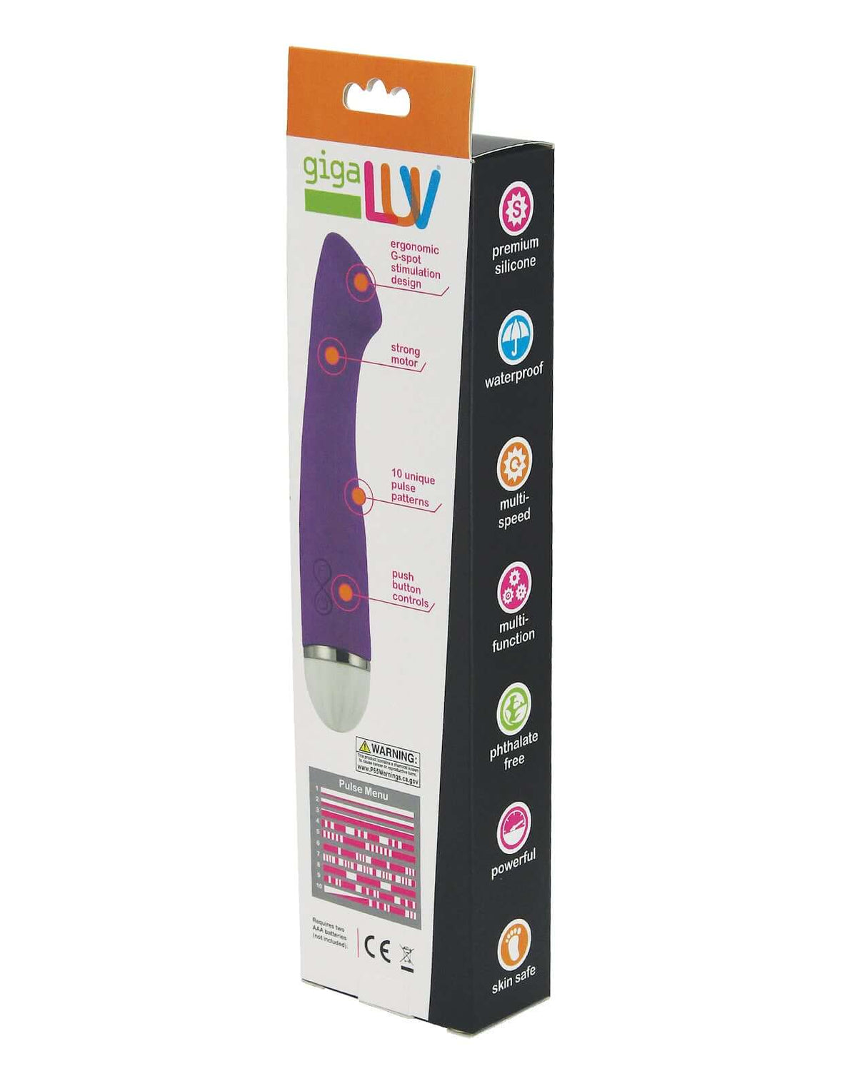 GigaLuv Bella & Curve G Spotter Purple vibrator packaging with features and functions highlighted.