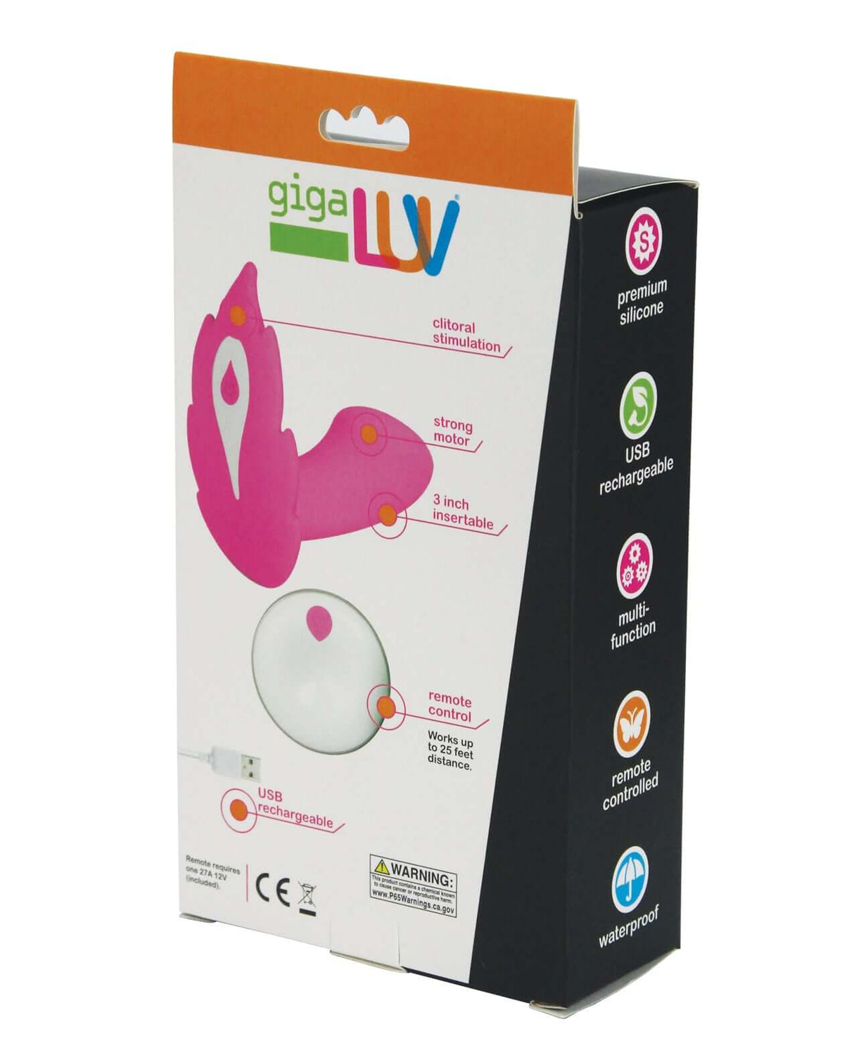 GigaLuv Deep Secret Massager with Remote Pink packaging showcasing features and design for internal and external stimulation.