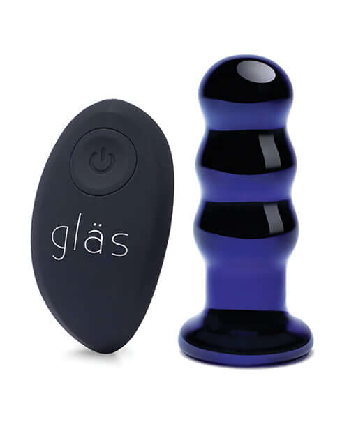Glas 3.5 Inch Vibrating Beaded Butt Plug Blue with remote control.