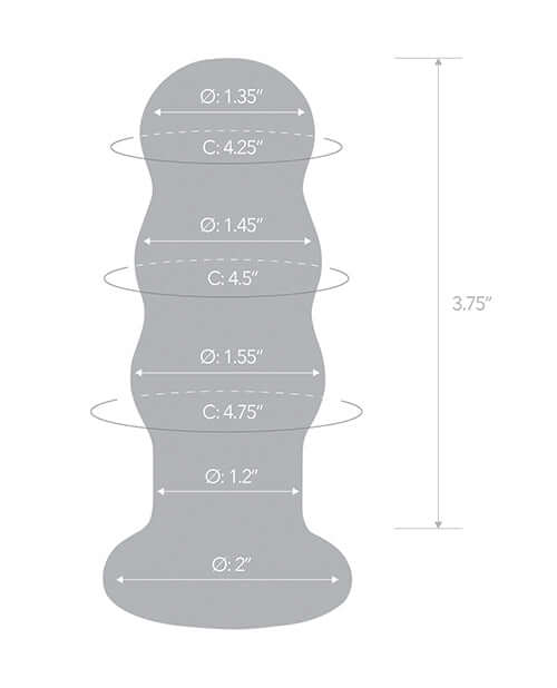 Dimensions illustration for Glas 3.5 Inch Vibrating Beaded Butt Plug Blue, showing measurements and sizes.