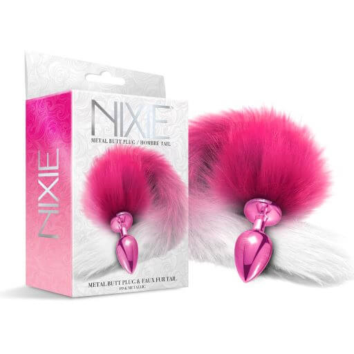 Nixie Metal Butt Plug with Ombre Tail Pink Medium displayed in packaging with pink and white fur tail.
