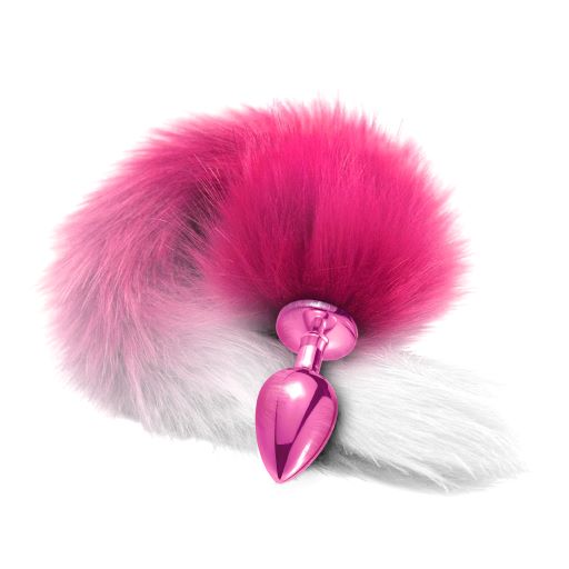 Nixie Metal Butt Plug with Ombre Tail Pink Medium featuring a pink and white fluffy tail.