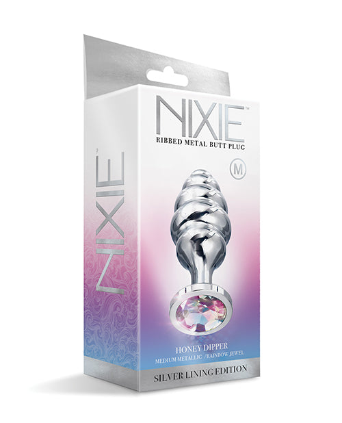 Nixie Honey Dipper Medium Ribbed Stainless Steel Plug packaging featuring a shimmering jewel in the Silver Lining Edition.