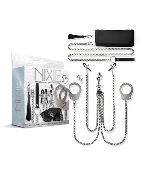 Nixie Interchangeable 8 Piece Bondage Kit Silver showcasing polished silver pieces and accessories in an elegant packaging.