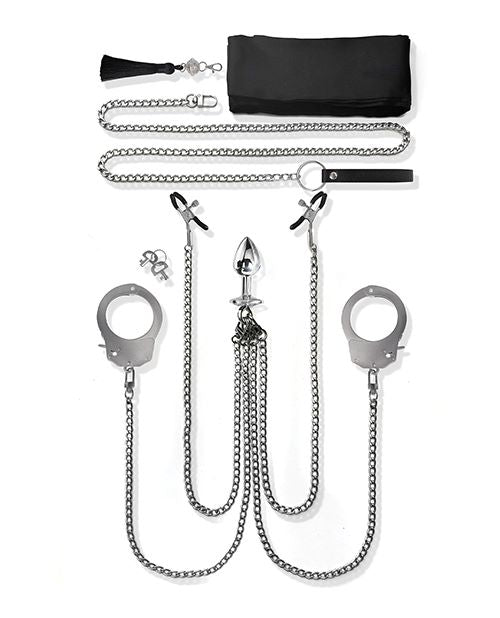 Nixie Interchangeable 8 Piece Bondage Kit Silver featuring cuffs and chains in polished silver.