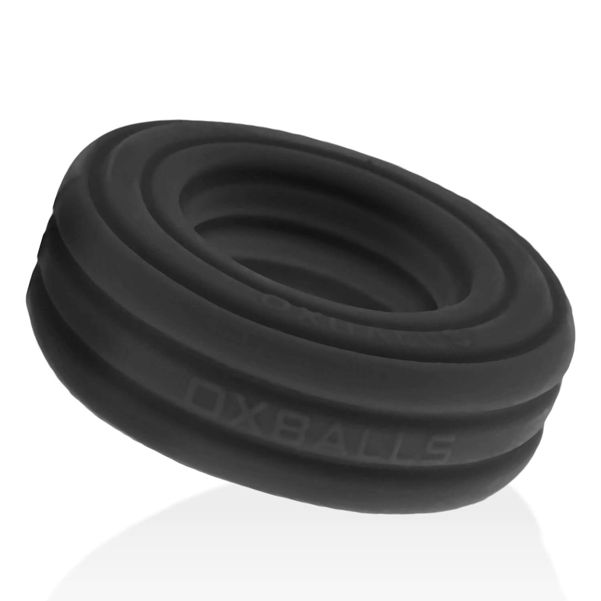 Oxballs Roto Grooved Gripper-Ribbed Cockring Black Fog, featuring a velvety surface design, ideal for intense play.