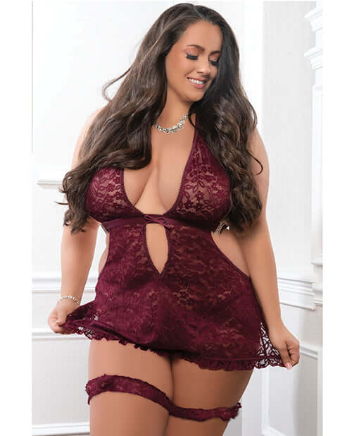 G World Apron Halter Mini Dress Garter Set Burgundy worn by model, showcasing the flattering lace design and playful silhouette.