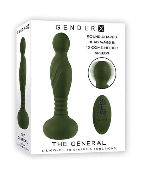 Gender X The General Come Hither Vibrator Green product packaging showcasing round-shaped head and remote control.