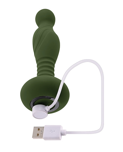 Gender X The General Come Hither Vibrator Green with USB charging cable, showcasing its dual-motor design.