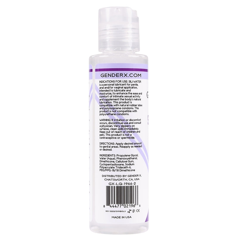 Gender X Sili-Water Hybrid Lubricant 4 Oz bottle back with usage instructions and ingredients