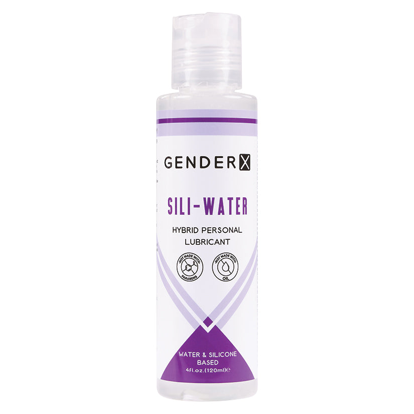 Gender X Sili-Water Hybrid Lubricant 4 Oz bottle, showcasing innovative water and silicone-based formula.