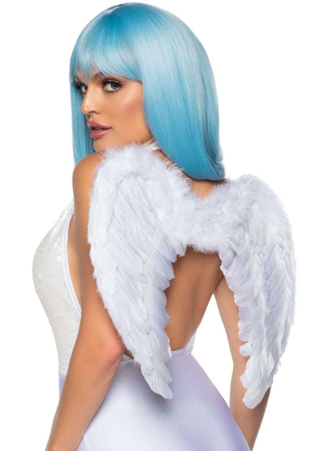 Leg Avenue Marabou Trimmed Feather Wings White worn by model with blue hair, showcasing a heavenly costume accessory.