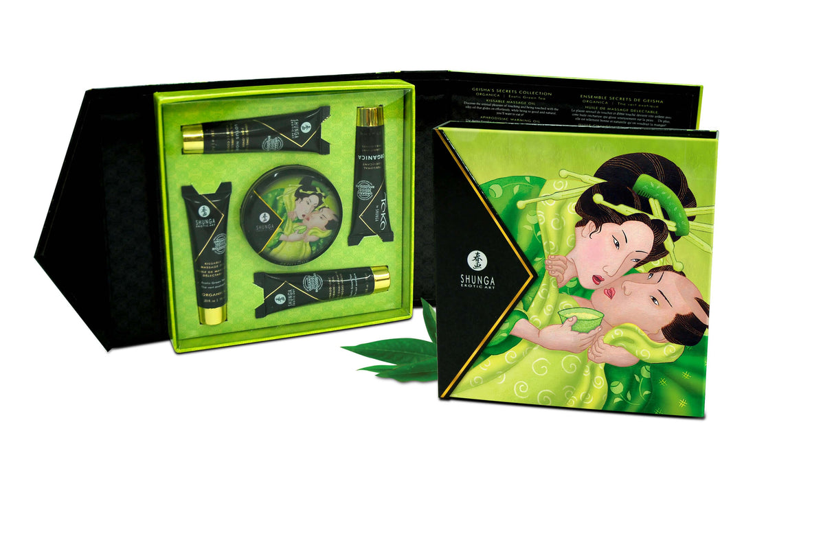 Shunga Geisha Secrets Gift Set Organica Exotic Green Tea beautifully displayed in an elegant gift box with premium wellness products.