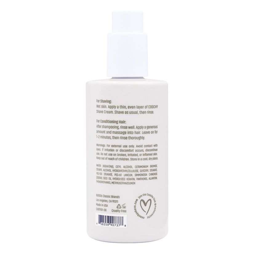 Coochy Shave Cream Au Natural 8 Oz bottle with instructions for shaving and conditioning hair on the back.