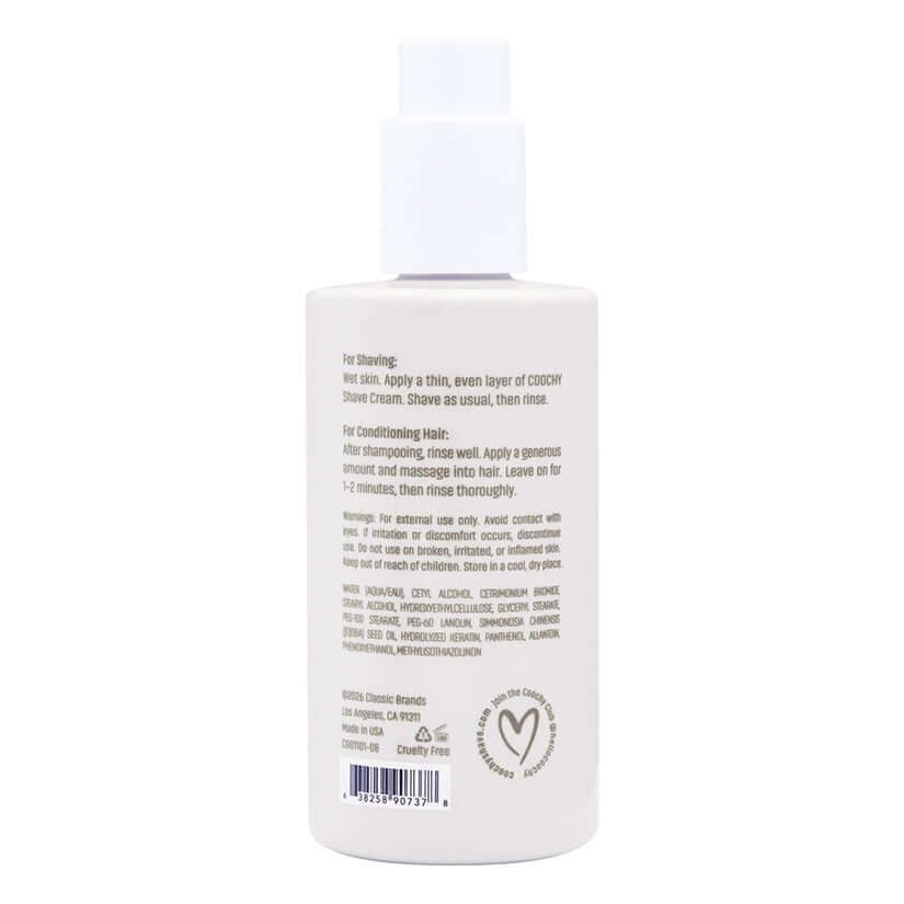 Coochy Shave Cream Au Natural 8 Oz bottle with instructions for shaving and conditioning hair on the back.