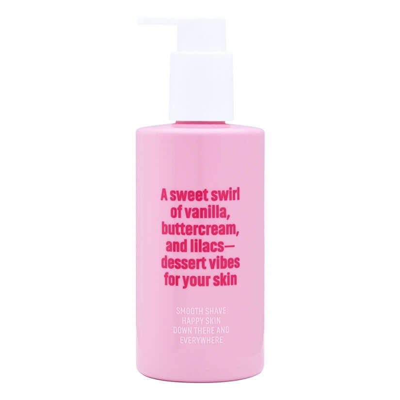 Coochy Shave Cream Frosted Cake 8 Oz pink bottle with text describing sweet vanilla, buttercream aroma.