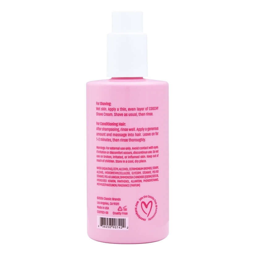 Coochy Shave Cream Frosted Cake 8 Oz bottle with instructions for shaving and conditioning hair.