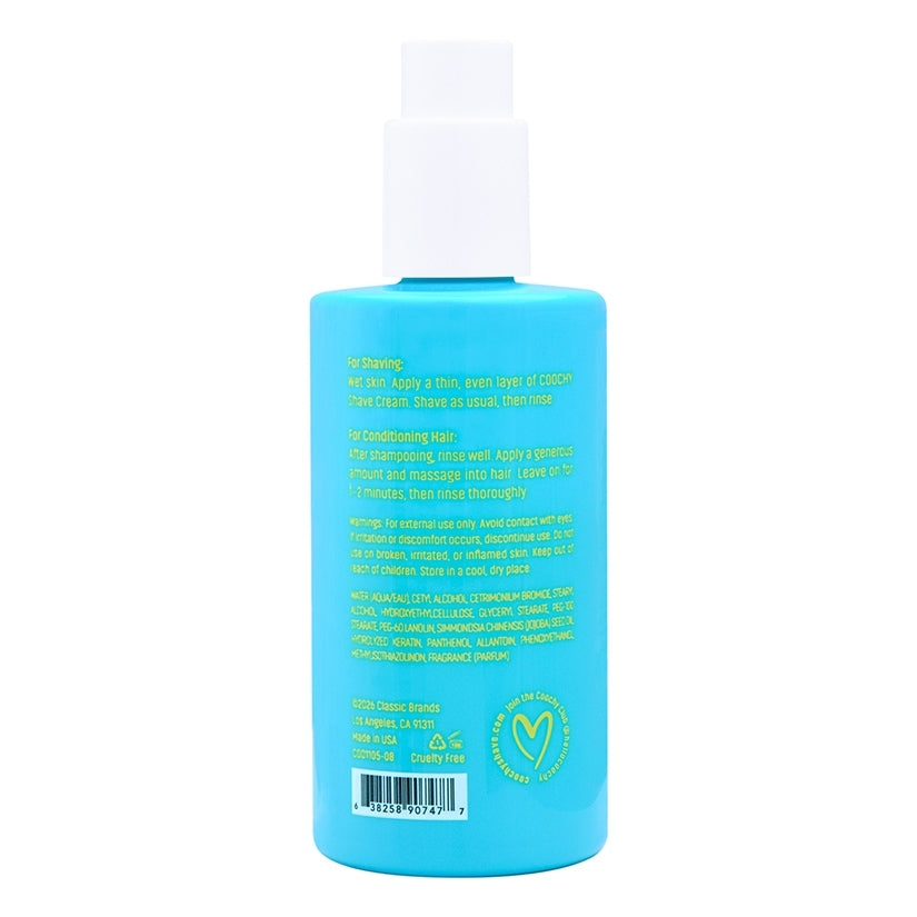 Coochy Shave Cream Island Paradise 8 Oz bottle with instructions for shaving and conditioning hair.