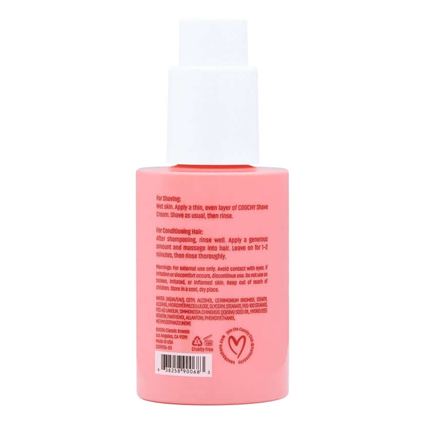 Coochy Shave Cream Sweet Nectar 3.4 oz bottle back view with usage instructions and ingredient list.