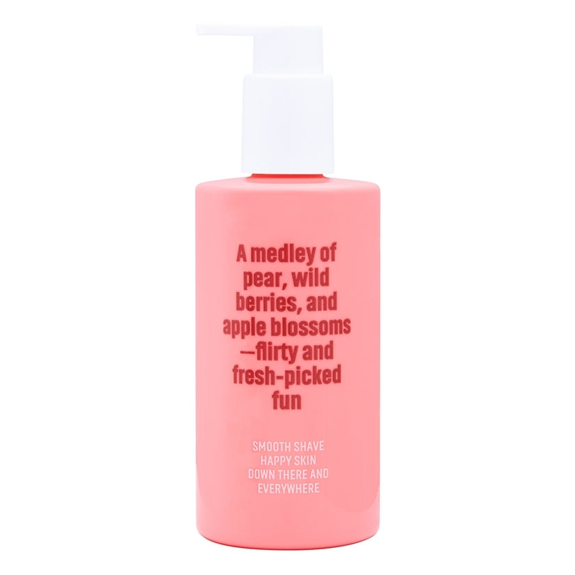 Coochy Shave Cream Pear Berry 8 Oz in a pink bottle with a pump, featuring a fruity blend of pear and wild berries.