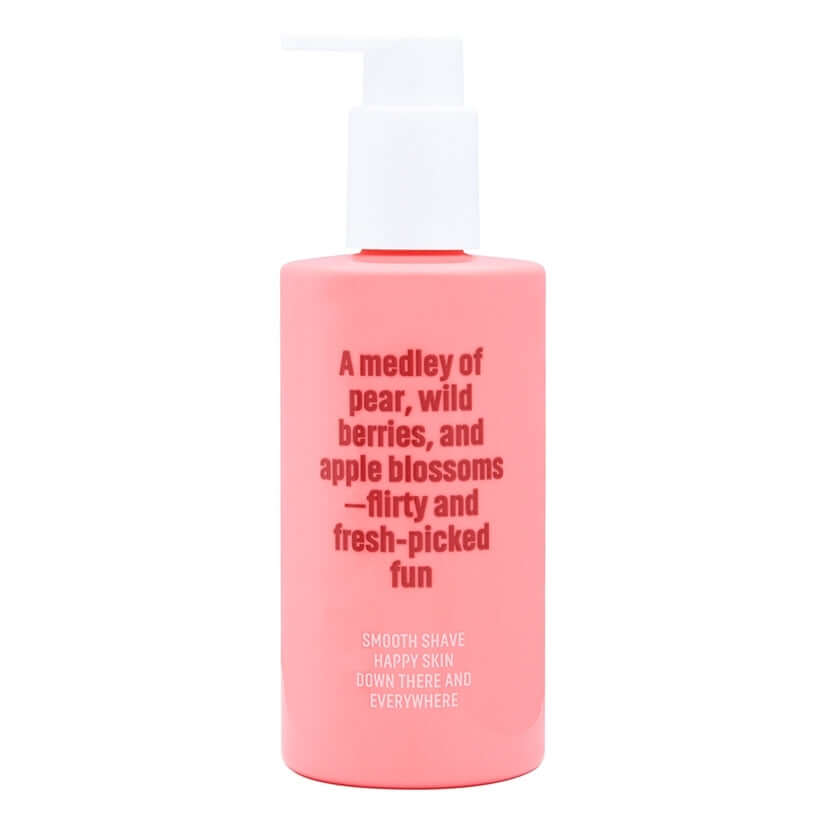 Coochy Shave Cream Pear Berry 8 Oz in a pink bottle with a pump, featuring a fruity blend of pear and wild berries.