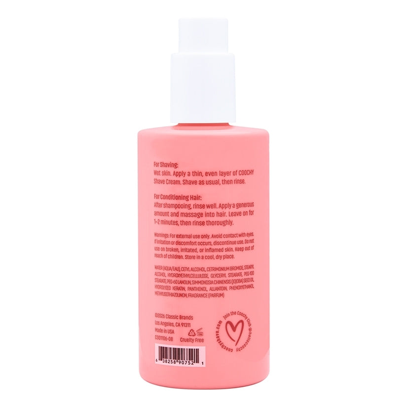 Coochy Shave Cream Pear Berry 8 Oz bottle back label instructions for shaving and conditioning hair.