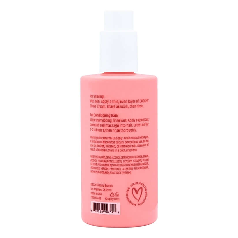 Coochy Shave Cream Pear Berry 8 Oz bottle back label instructions for shaving and conditioning hair.