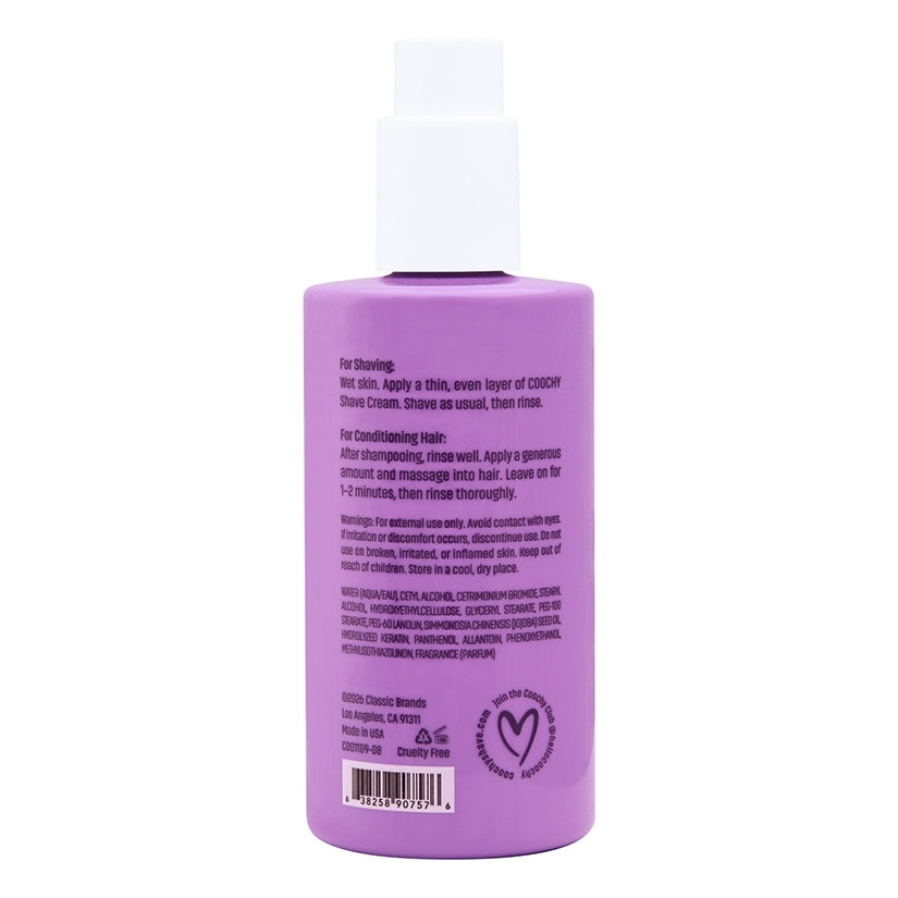 Coochy Shave Cream Flirty Blooms 8 Oz instructions for shaving and conditioning hair on purple bottle.